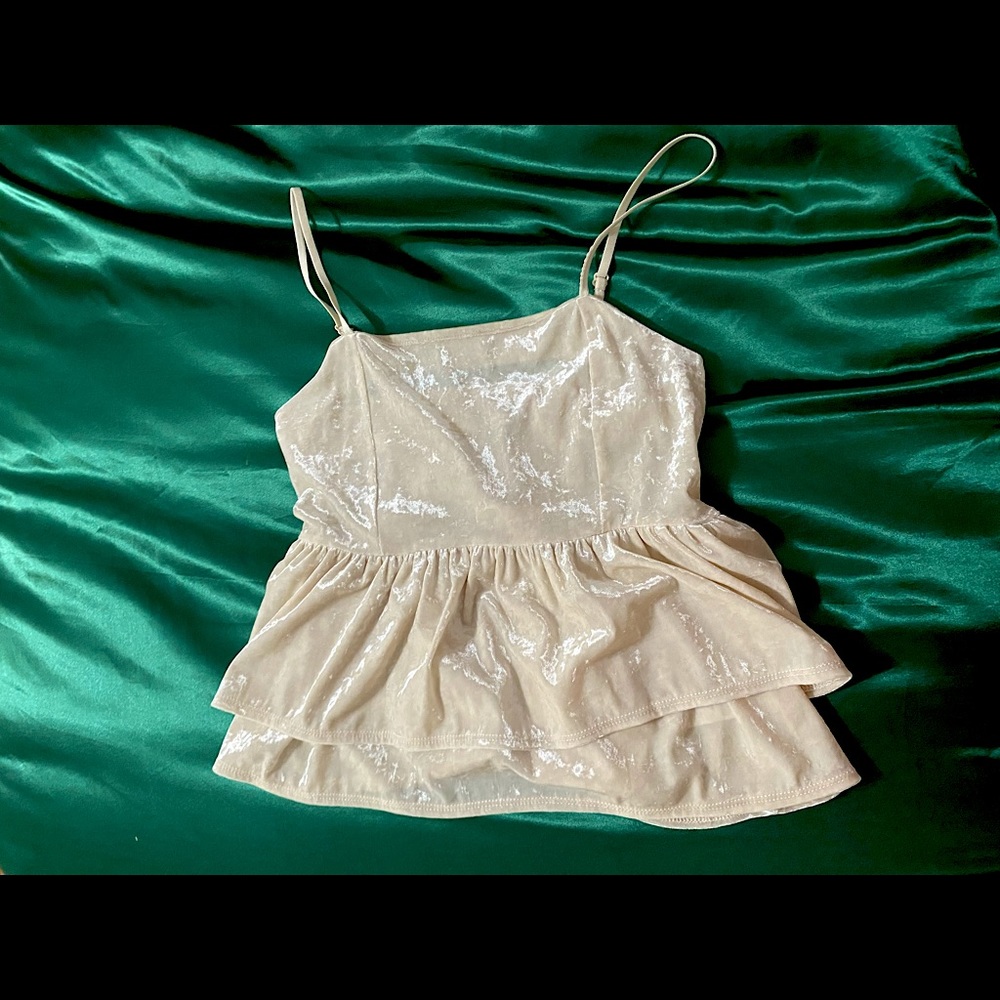 Crushed velvet, ivory colored, spaghetti strap.